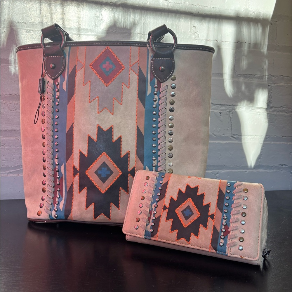 Montana West Cream and Blue Southwestern Tote with Matching Wallet